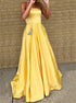 A Line Strapless Satin Yellow Prom Dress with Beading LBQ3681